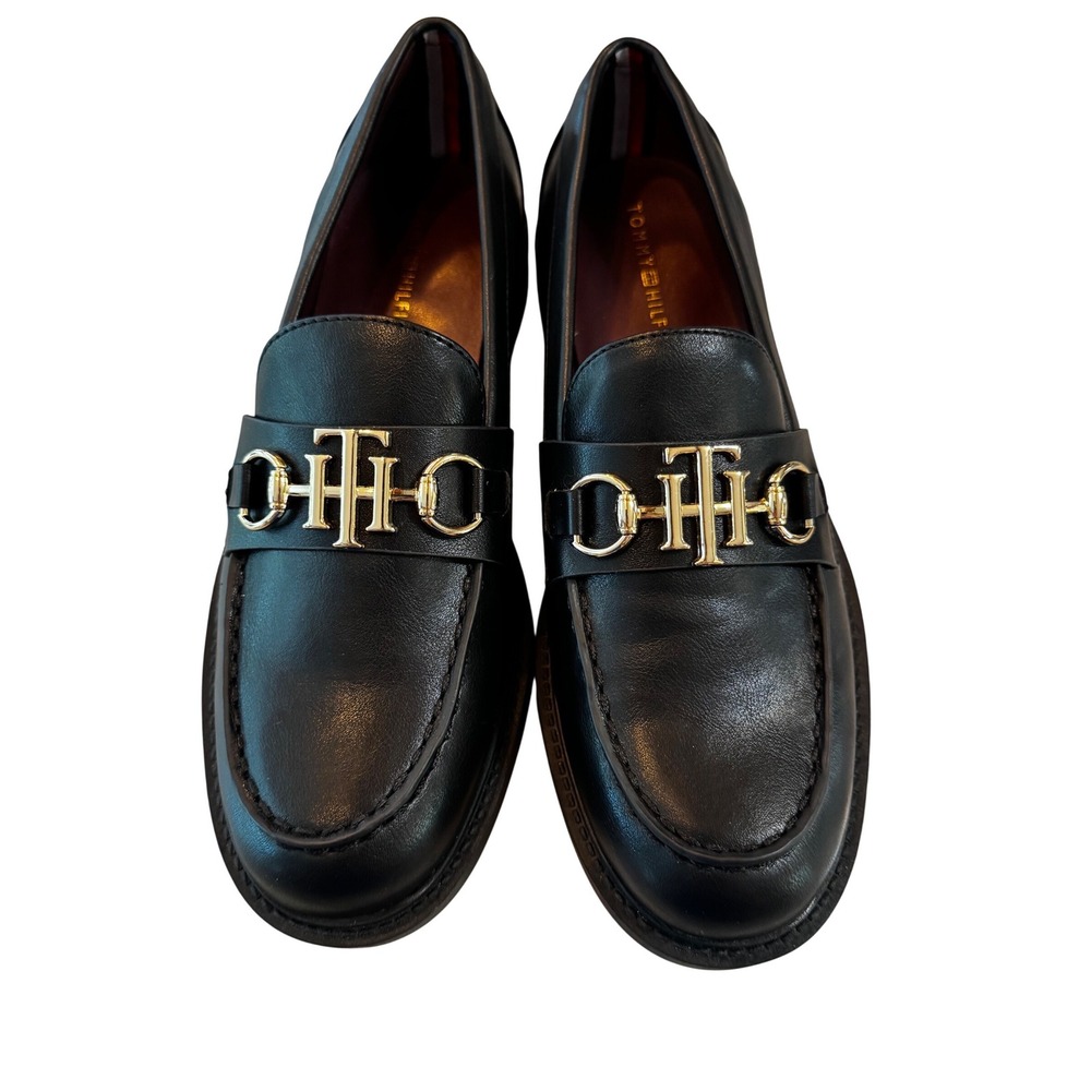 Tommy Hilfiger Womens Black Leather TH Logo Bit Loafers Size 8M